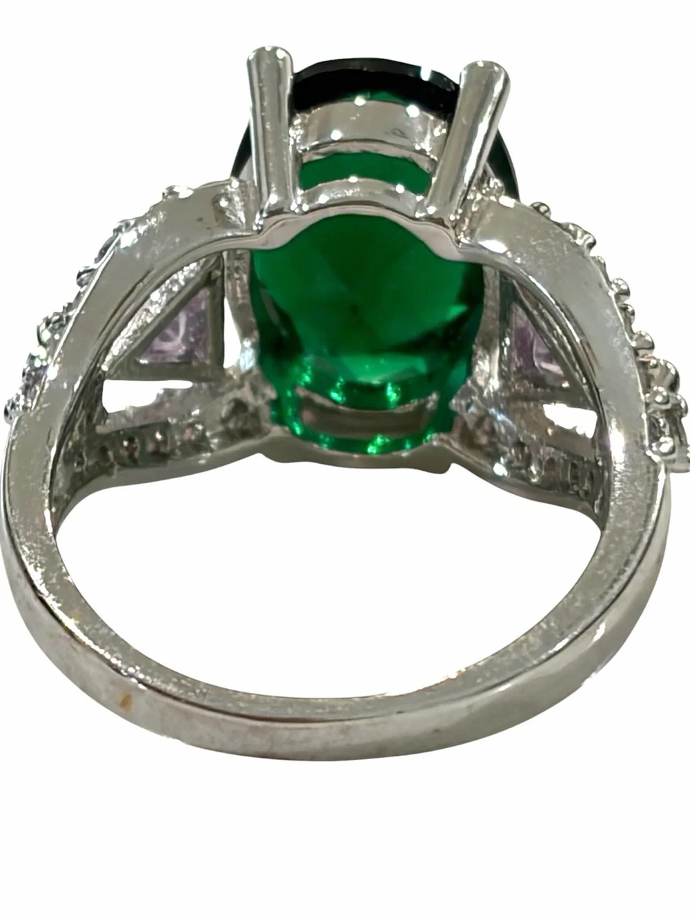 Sterling Silver Emerald & Tanzanite Three- Stone Cocktail Ring (Size 6.5)